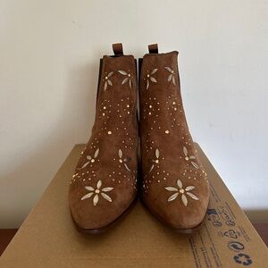 BNWOB Women's MAJE Feisty Brown Suede Embellished Gold Floral Studded Boots 37